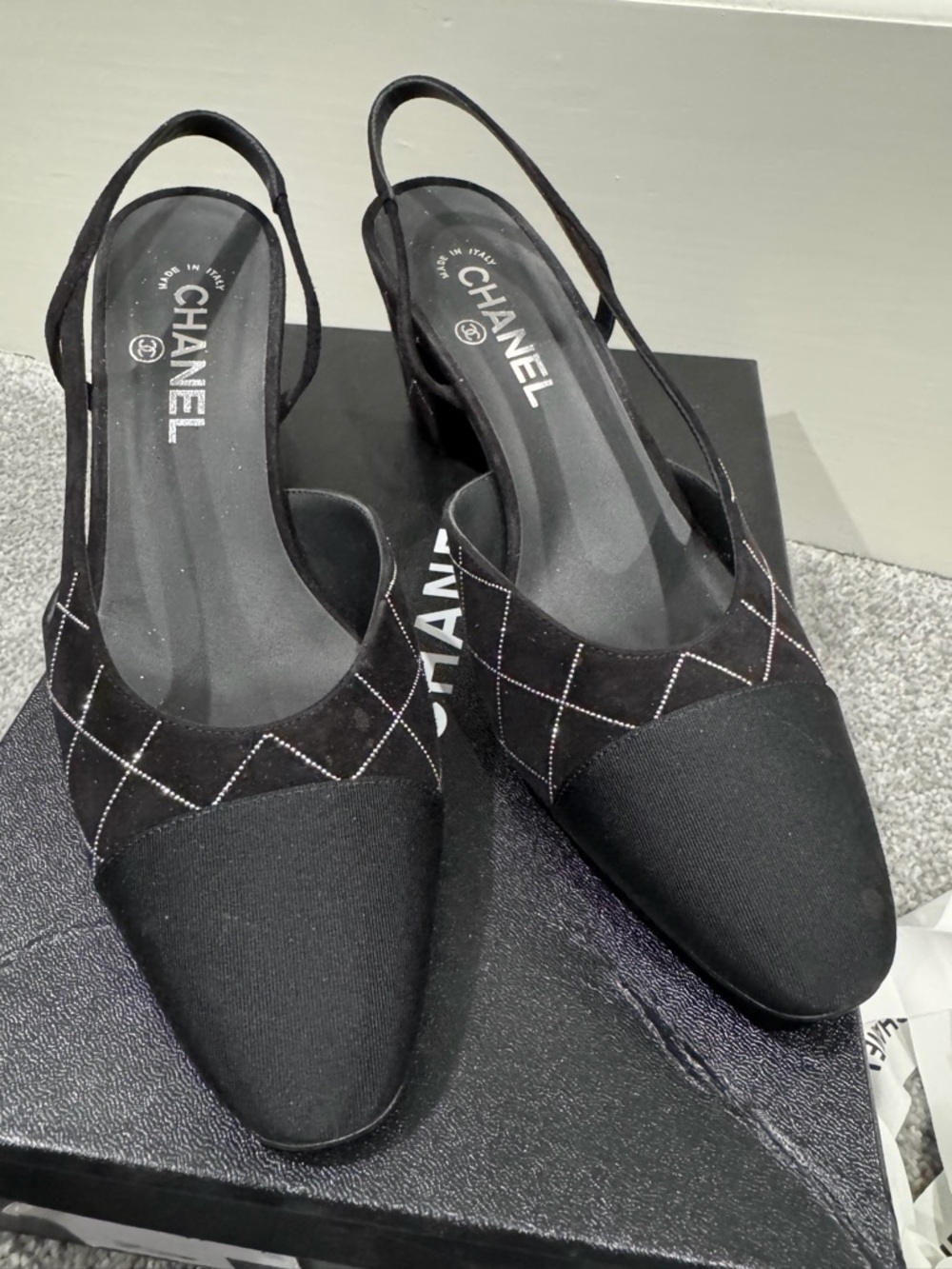 CHANEL Black Quilted Slingback Pointed Pumps